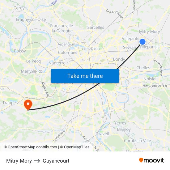 Mitry-Mory to Guyancourt map
