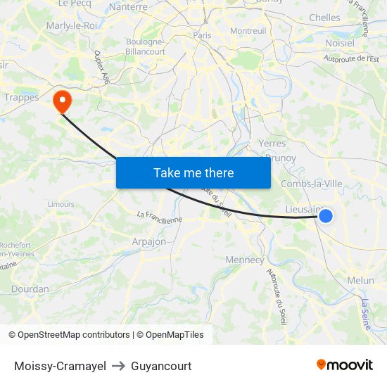 Moissy-Cramayel to Guyancourt map