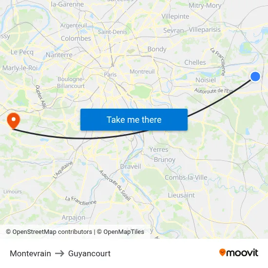 Montevrain to Guyancourt map
