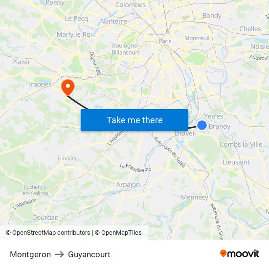 Montgeron to Guyancourt map