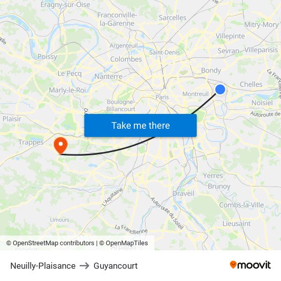 Neuilly-Plaisance to Guyancourt map