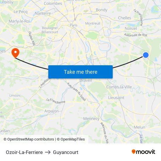 Ozoir-La-Ferriere to Guyancourt map