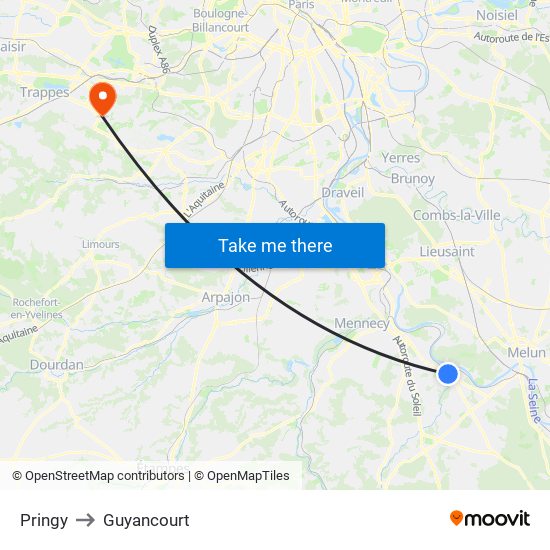 Pringy to Guyancourt map