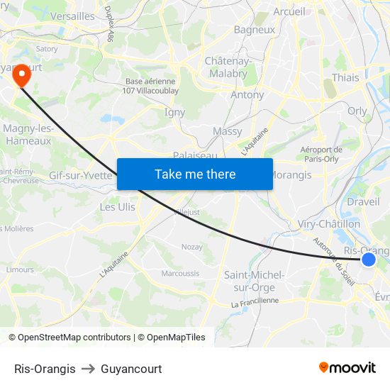 Ris-Orangis to Guyancourt map
