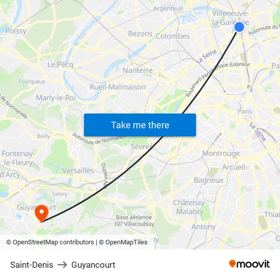 Saint-Denis to Guyancourt map