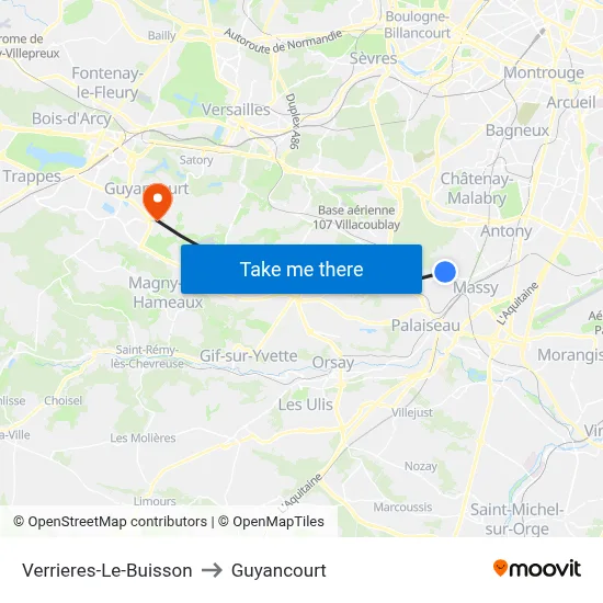 Verrieres-Le-Buisson to Guyancourt map