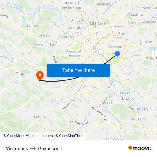 Vincennes to Guyancourt map