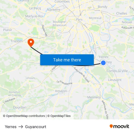 Yerres to Guyancourt map