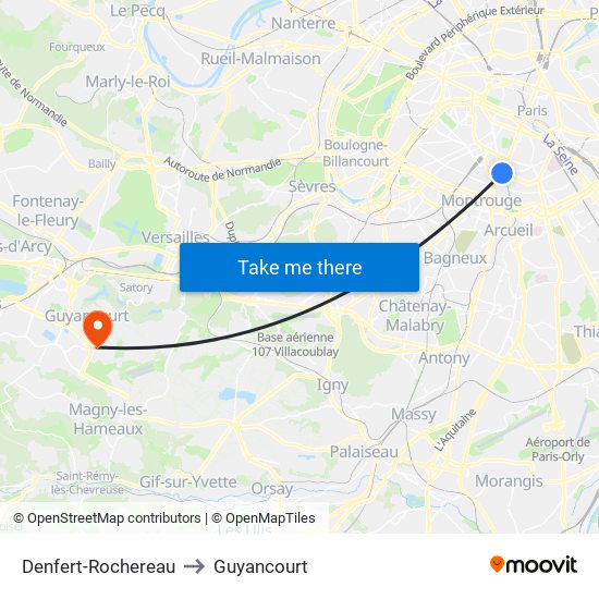 Denfert-Rochereau to Guyancourt map