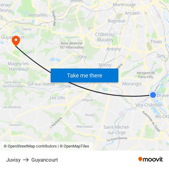 Juvisy to Guyancourt map