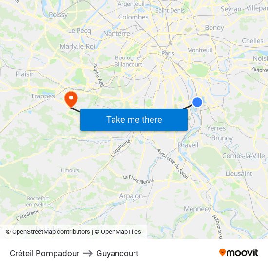Créteil Pompadour to Guyancourt map