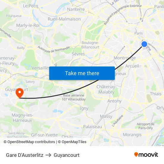 Gare D'Austerlitz to Guyancourt map