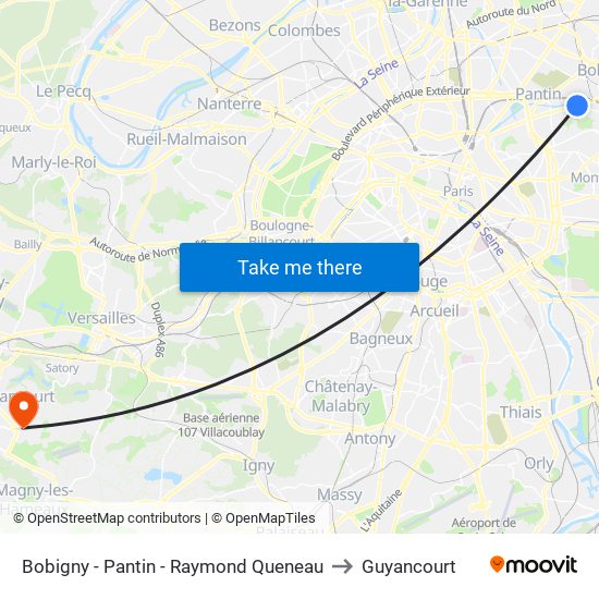 Bobigny - Pantin - Raymond Queneau to Guyancourt map