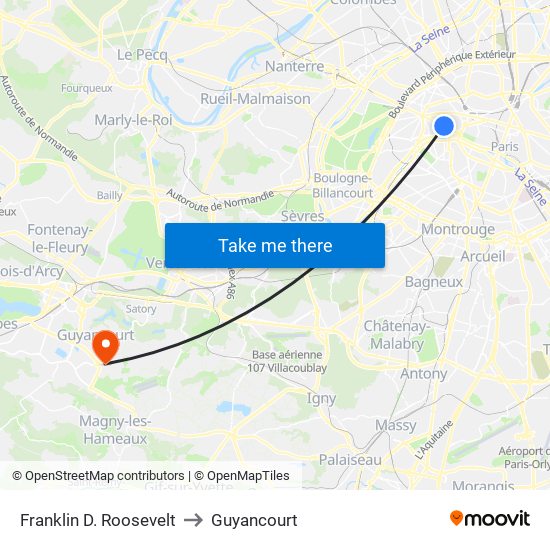 Franklin D. Roosevelt to Guyancourt map