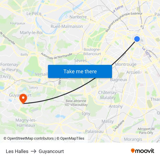Les Halles to Guyancourt map