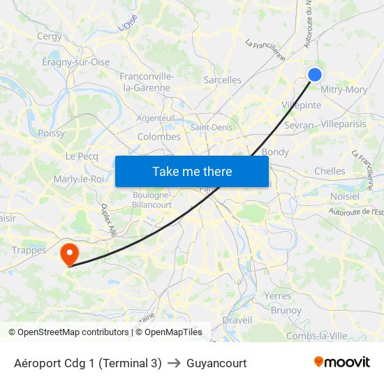 Aéroport Cdg 1 (Terminal 3) to Guyancourt map
