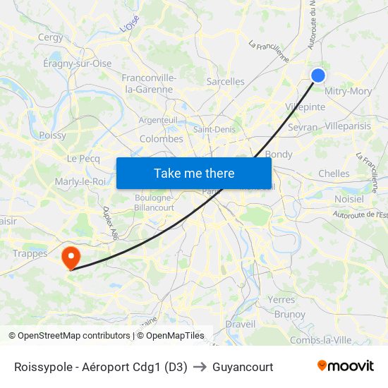 Roissypole - Aéroport Cdg1 (D3) to Guyancourt map