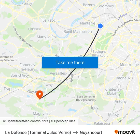 La Défense (Terminal Jules Verne) to Guyancourt map