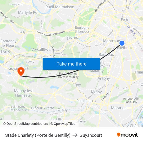Stade Charléty (Porte de Gentilly) to Guyancourt map