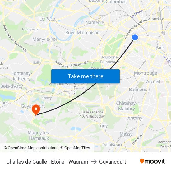 Charles de Gaulle - Étoile - Wagram to Guyancourt map