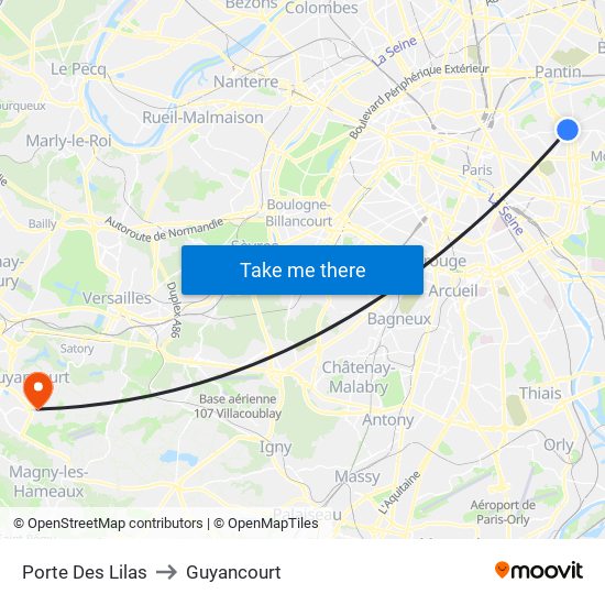 Porte Des Lilas to Guyancourt map