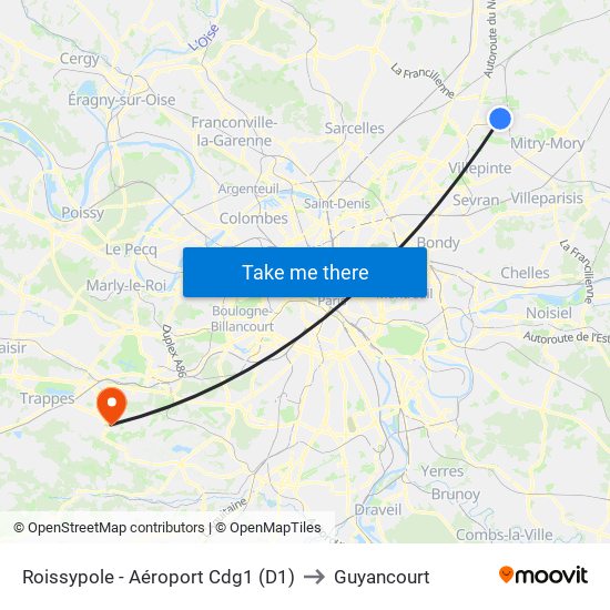 Roissypole - Aéroport Cdg1 (D1) to Guyancourt map