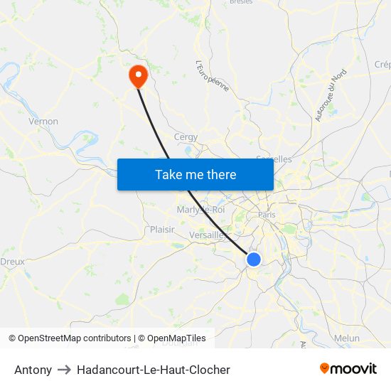 Antony to Hadancourt-Le-Haut-Clocher map