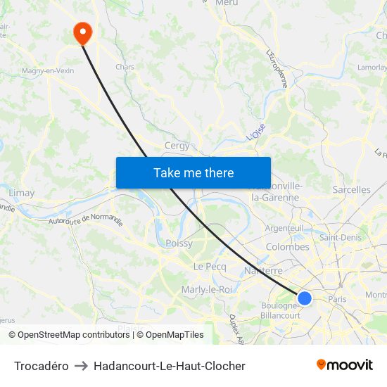 Trocadéro to Hadancourt-Le-Haut-Clocher map