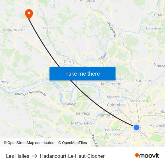 Les Halles to Hadancourt-Le-Haut-Clocher map