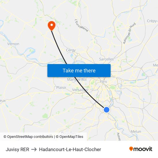 Juvisy RER to Hadancourt-Le-Haut-Clocher map