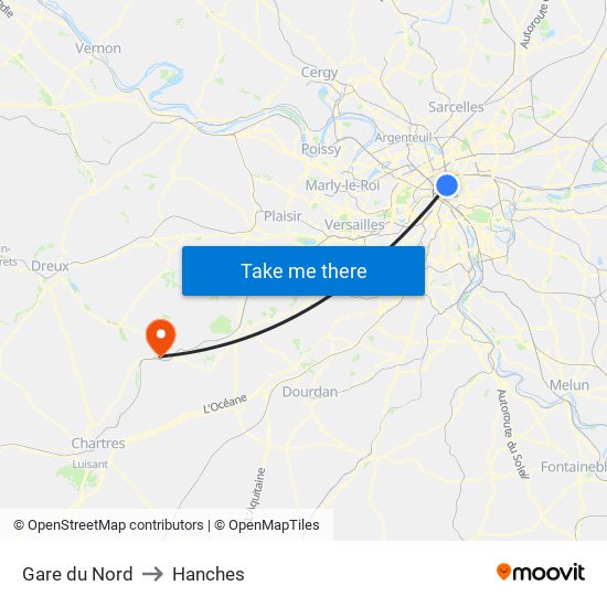 Gare du Nord to Hanches map