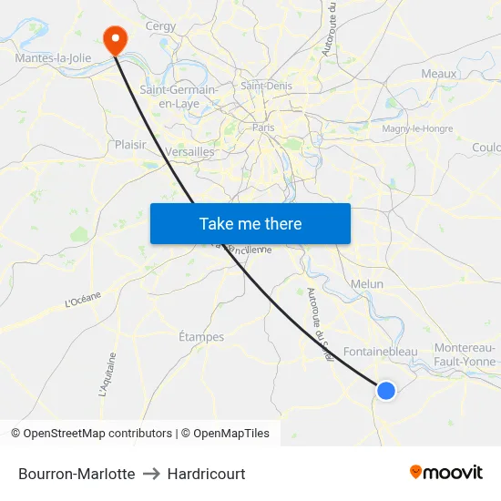 Bourron-Marlotte to Hardricourt map
