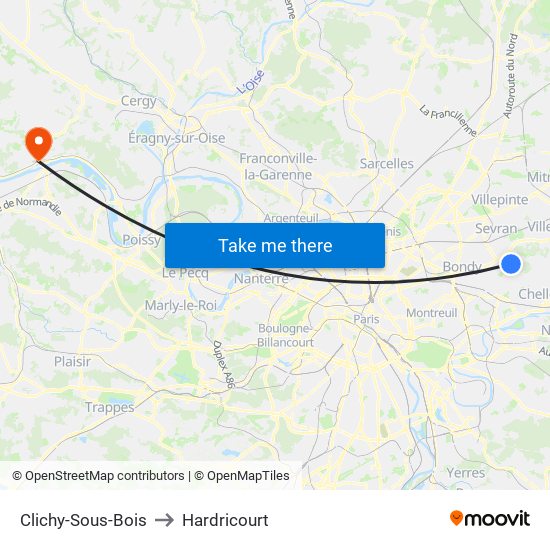 Clichy-Sous-Bois to Hardricourt map