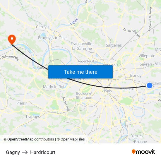 Gagny to Hardricourt map