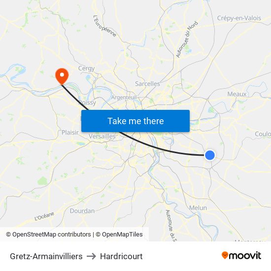 Gretz-Armainvilliers to Hardricourt map