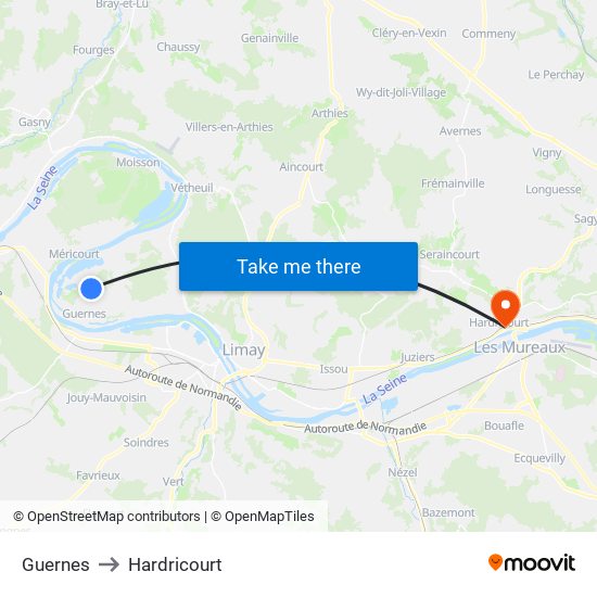 Guernes to Hardricourt map
