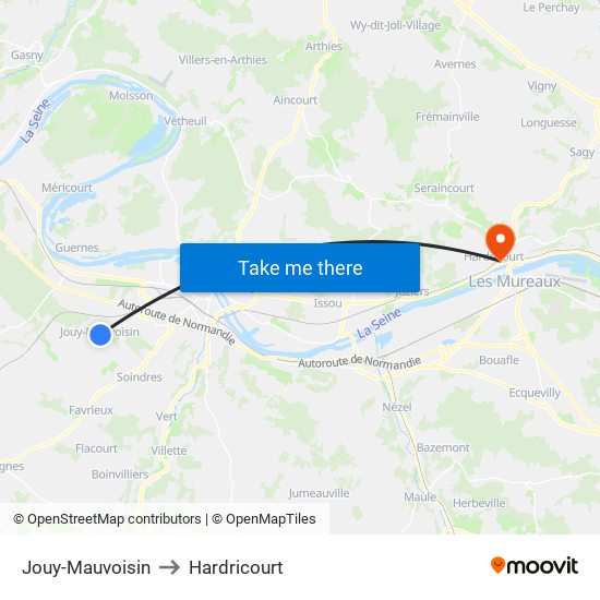Jouy-Mauvoisin to Hardricourt map