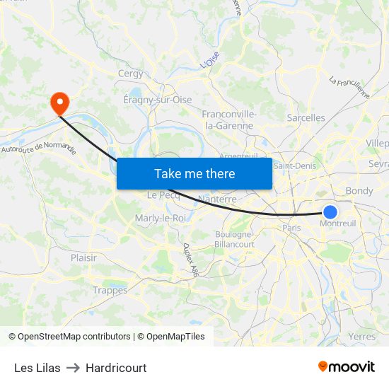 Les Lilas to Hardricourt map