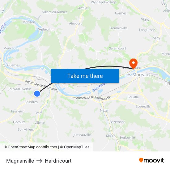 Magnanville to Hardricourt map