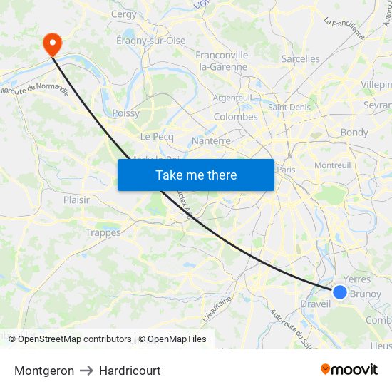 Montgeron to Hardricourt map