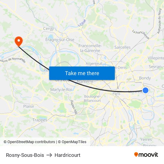 Rosny-Sous-Bois to Hardricourt map