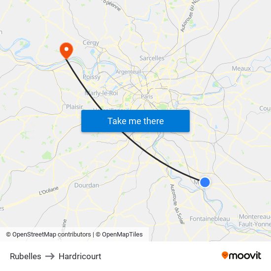 Rubelles to Hardricourt map