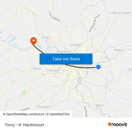 Torcy to Hardricourt map