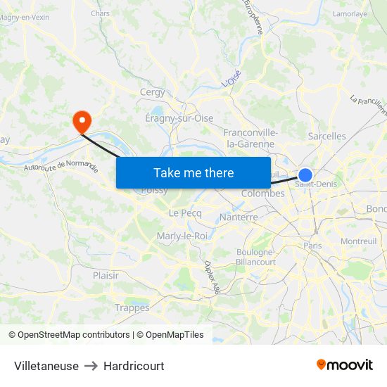 Villetaneuse to Hardricourt map