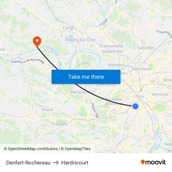 Denfert-Rochereau to Hardricourt map