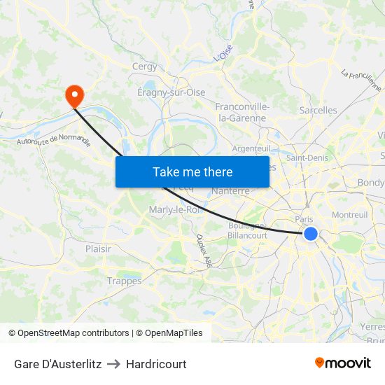 Gare D'Austerlitz to Hardricourt map