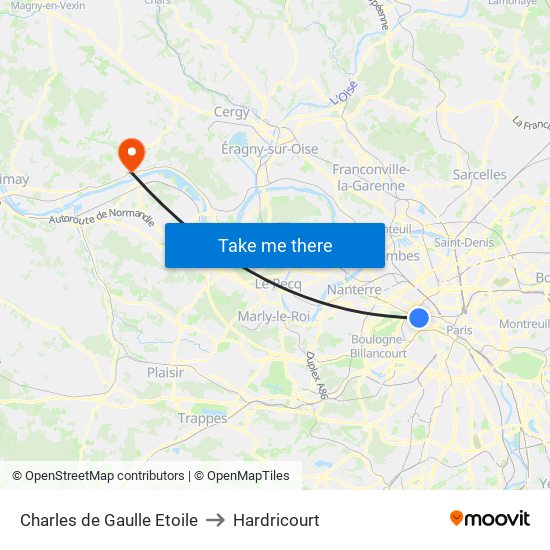 Charles de Gaulle Etoile to Hardricourt map