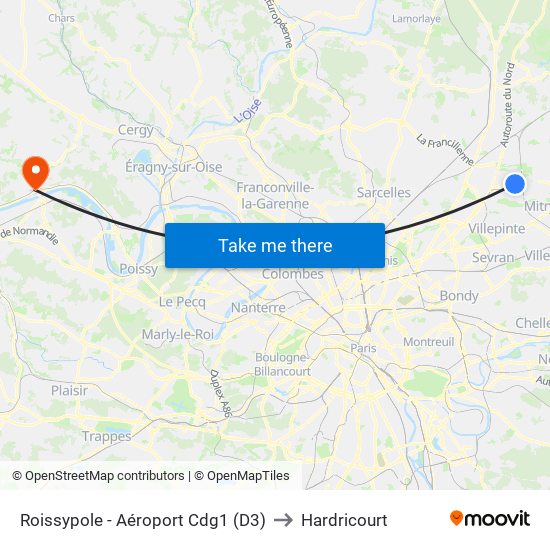 Roissypole - Aéroport Cdg1 (D3) to Hardricourt map