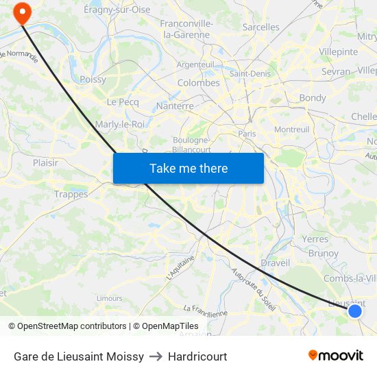 Gare de Lieusaint Moissy to Hardricourt map