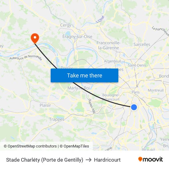 Stade Charléty (Porte de Gentilly) to Hardricourt map
